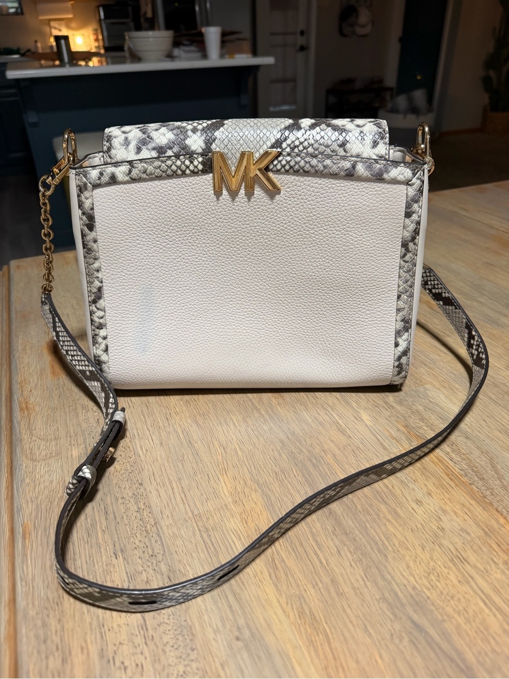 Michael Kors White Snakeskin Print Crossbody Bag Gold MK Logo